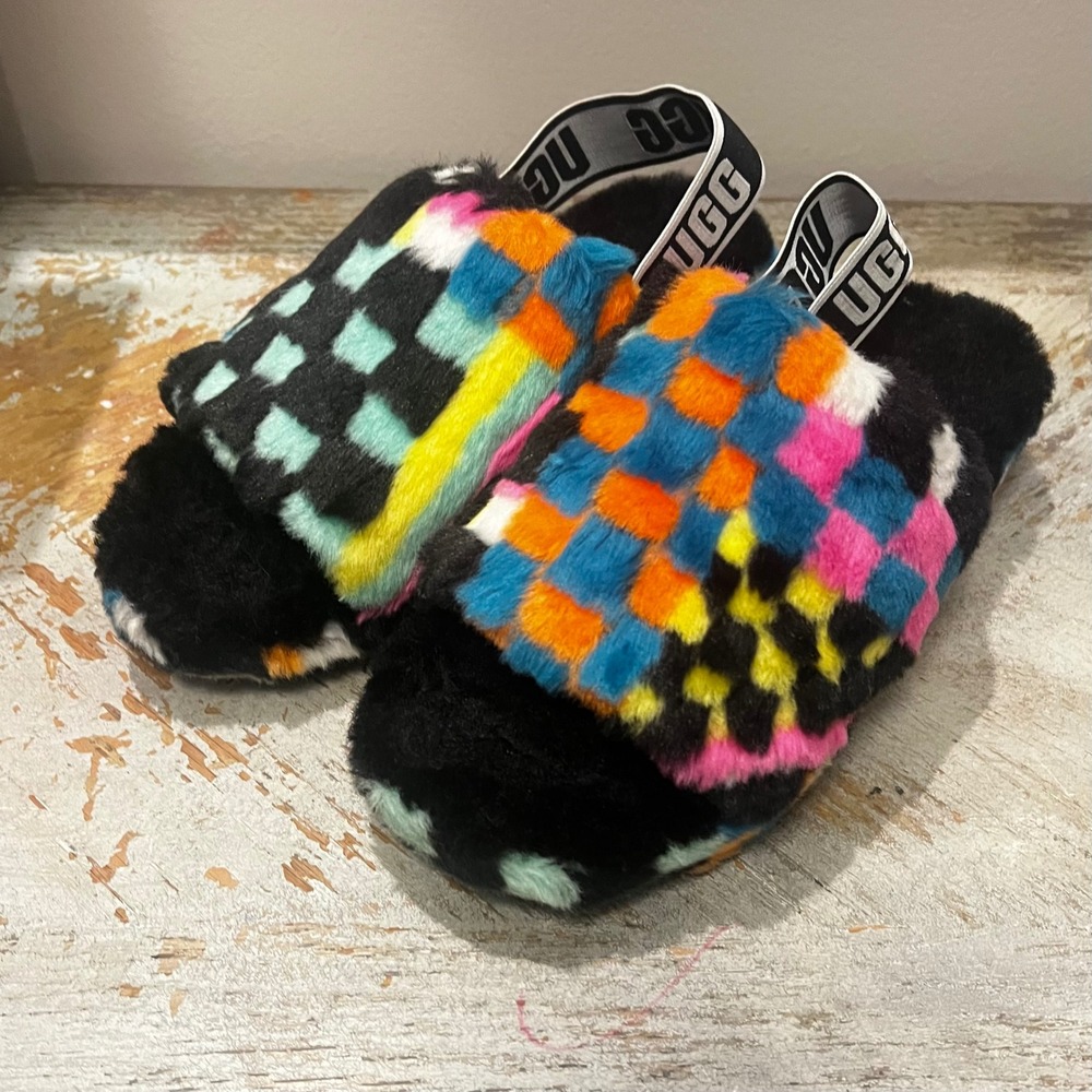 UGG‎ Fluff Yeah Slide Multicolor Checkered Sheepskin Slippers 1135510 Womens 7